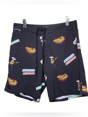 RVCA Black Swim Board Shorts Burritos Tacos Print Sz 32 Special EDT Hot Fudge